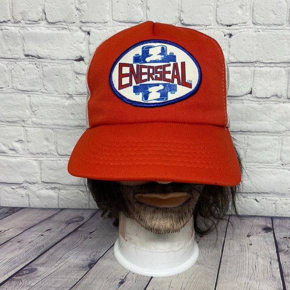 Other - Vintage Hat Cap Snapback Red White Trucker Mesh ENERSEAL Patch Logo Foam Visor